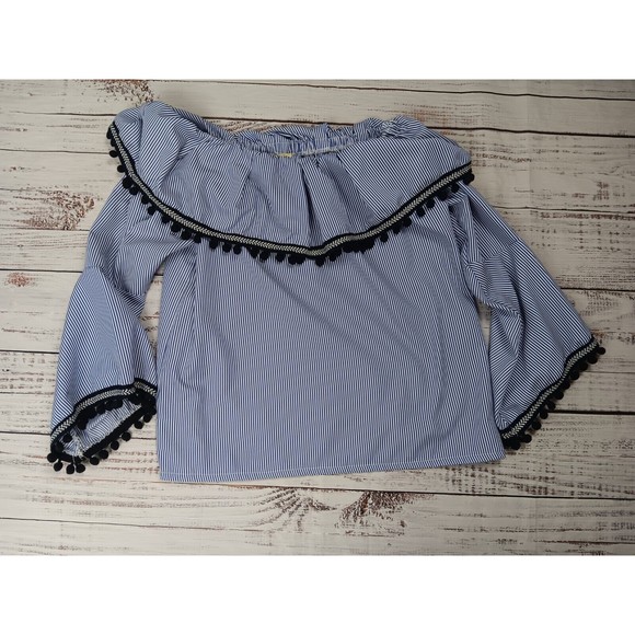 Camille & Company Off The Shoulder Blouse Women's Large Blue White Stripe Ruffle - Picture 2 of 10